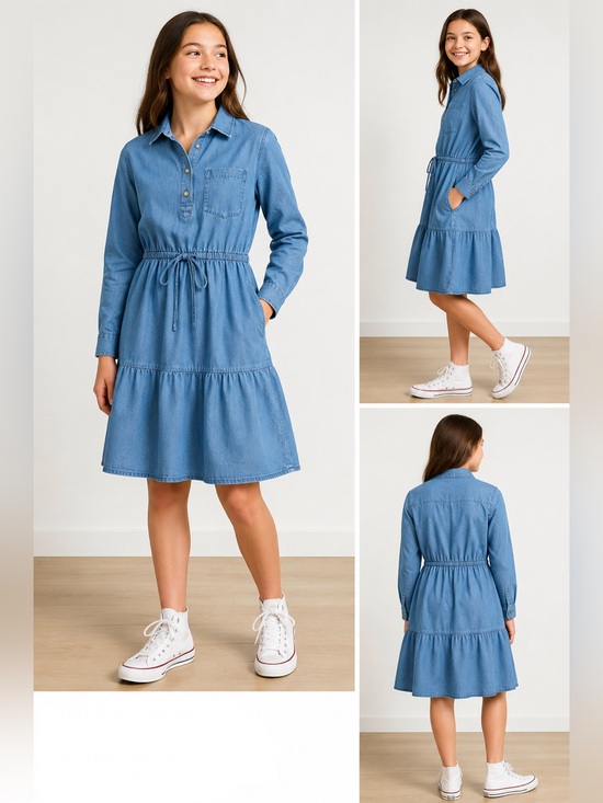 Lands' End Other - Lands’ End Girls Chambray Shirt Dress Tiered Collared Pockets XL 14-16